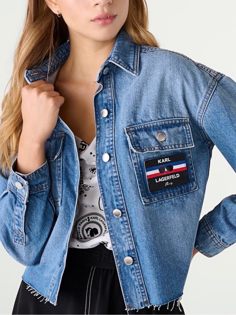Karl Lagerfeld Paris Denim Cropped Shirt Jacket with Logo Patch